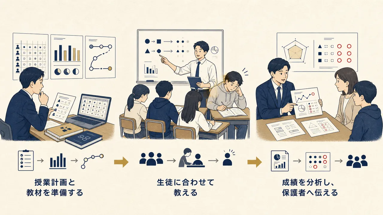 授業計画と教材を準備し、生徒に合わせて教え、成績を分析して保護者へ伝える流れ