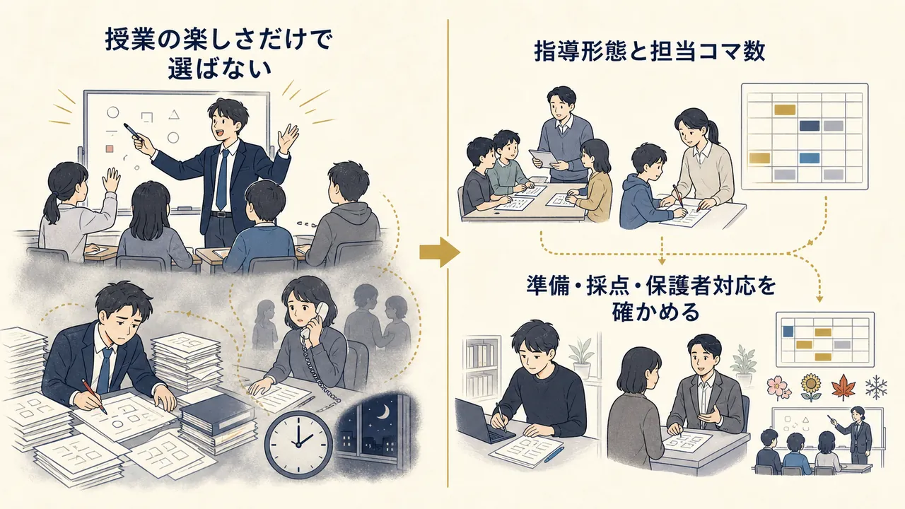 授業の楽しさだけで選ぶ場合と、指導形態・担当コマ数・授業外業務を確かめる場合の対比