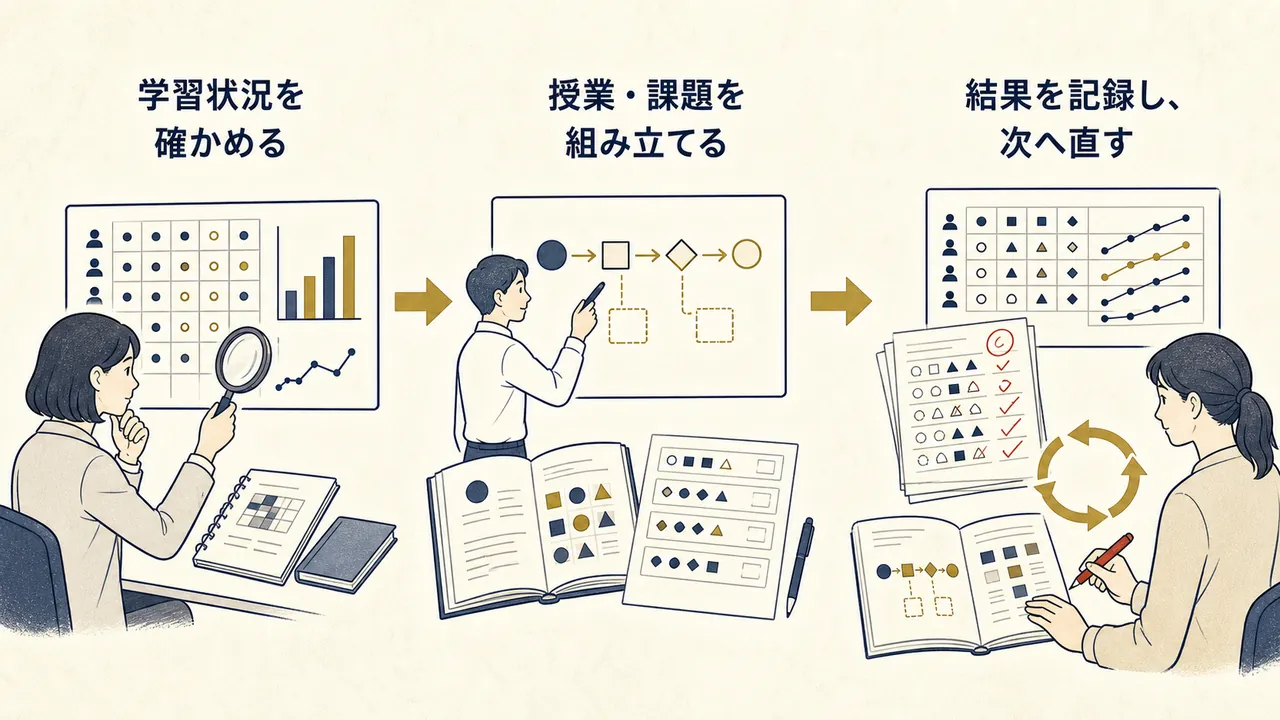 学習状況を確かめ、授業と課題を組み立て、結果を記録して次の授業へ反映する三段階
