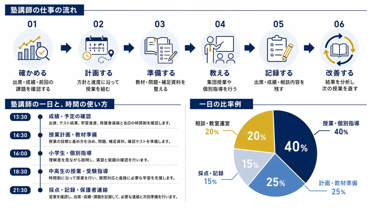 塾講師が行う確かめる、計画する、準備する、教える、記録する、改善するの流れ