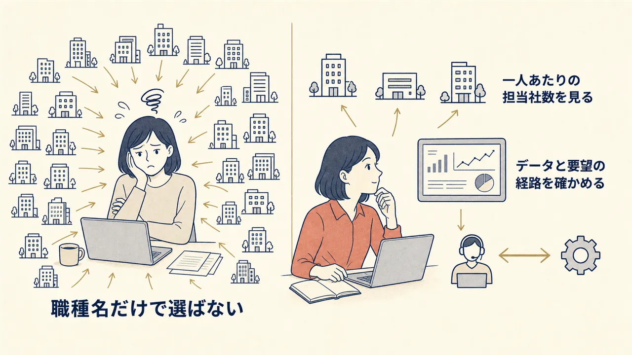 職種名だけで選ぶ場合と、担当社数・データ環境・要望経路まで確かめて選ぶ場合の対比