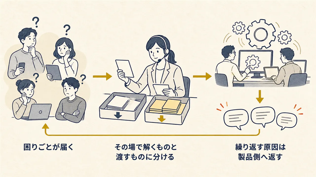 問い合わせの受付から仕分け、回答と製品側への還元までの流れ