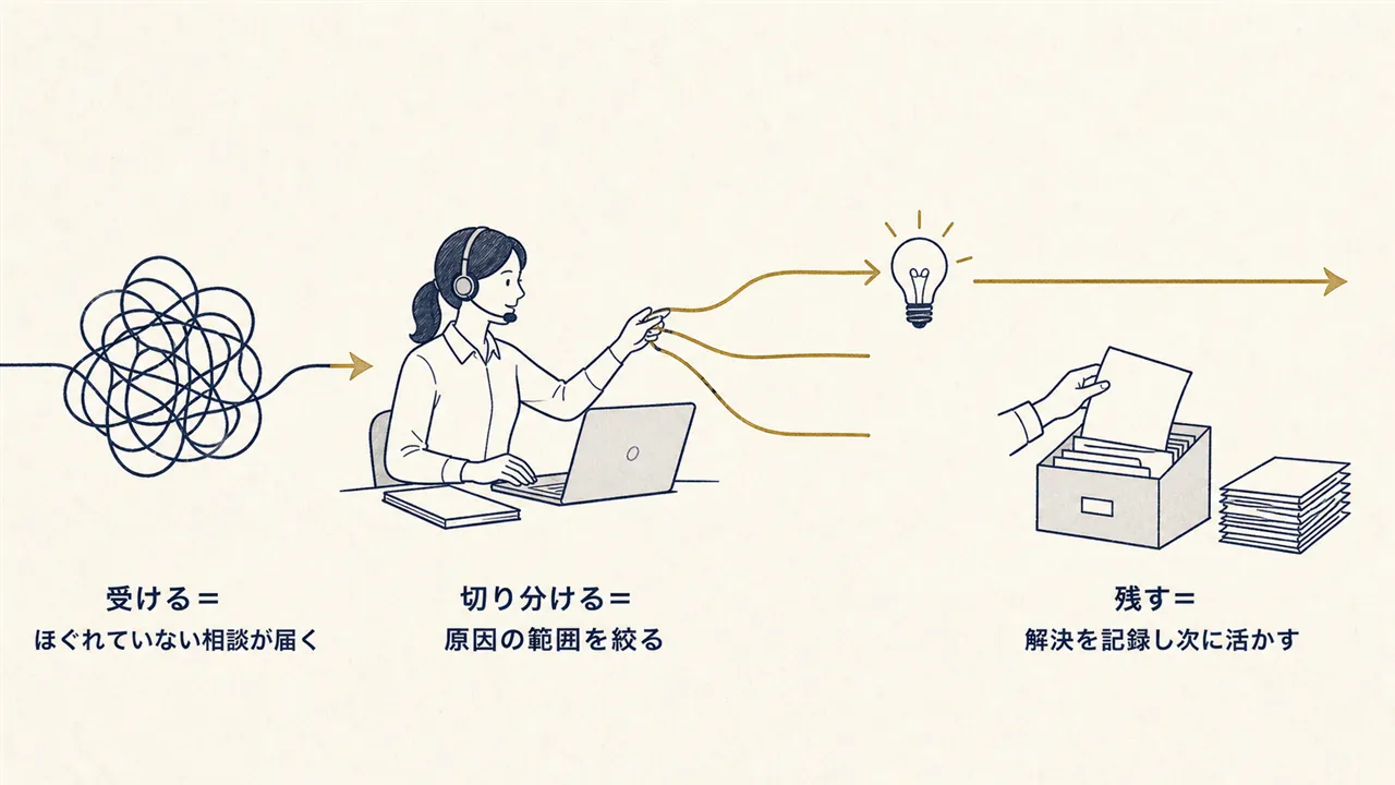もつれた相談の受付から原因の切り分け、解決と記録までを表した図