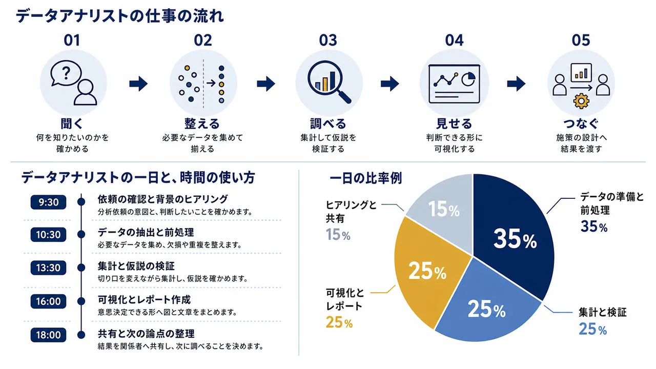 データアナリストが行う依頼の確認、データ準備、分析、可視化、共有の流れ
