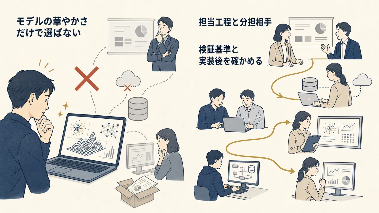 モデルの華やかさだけで選ぶ場合と、担当工程・検証基準・実装後まで確かめる場合の対比