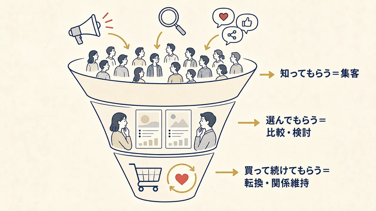 知ってもらう・選んでもらう・買って続けてもらうの3段階で進むことを表した図