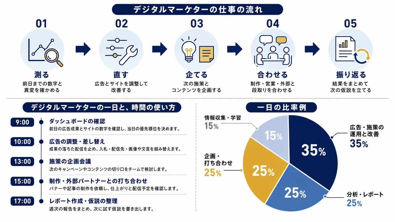 デジタルマーケターが行う数値確認、広告調整、企画会議、レポート作成の流れ