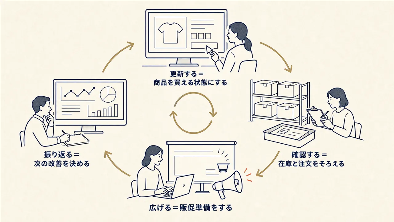 商品ページ更新、在庫と注文確認、販促、反応の振り返りを繰り返すEC運営の図
