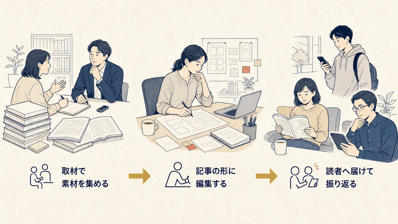 取材による素材集めから編集、読者へ届けるまでの流れ