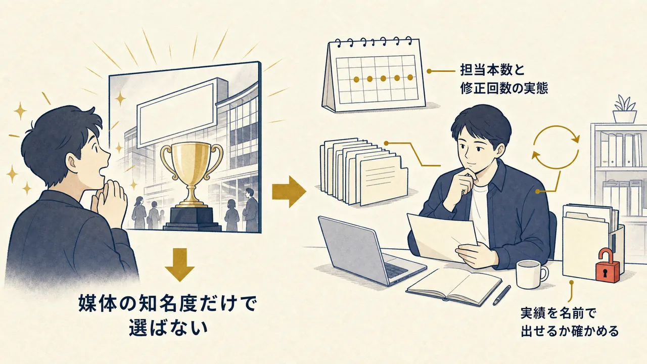 知名度だけで選ぶ場合と、本数・修正回数・実績公開まで確かめて選ぶ場合の対比