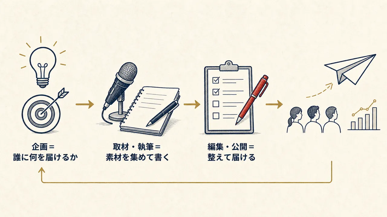 企画、取材・執筆、編集・校閲、公開の4段階で記事作りを表した図