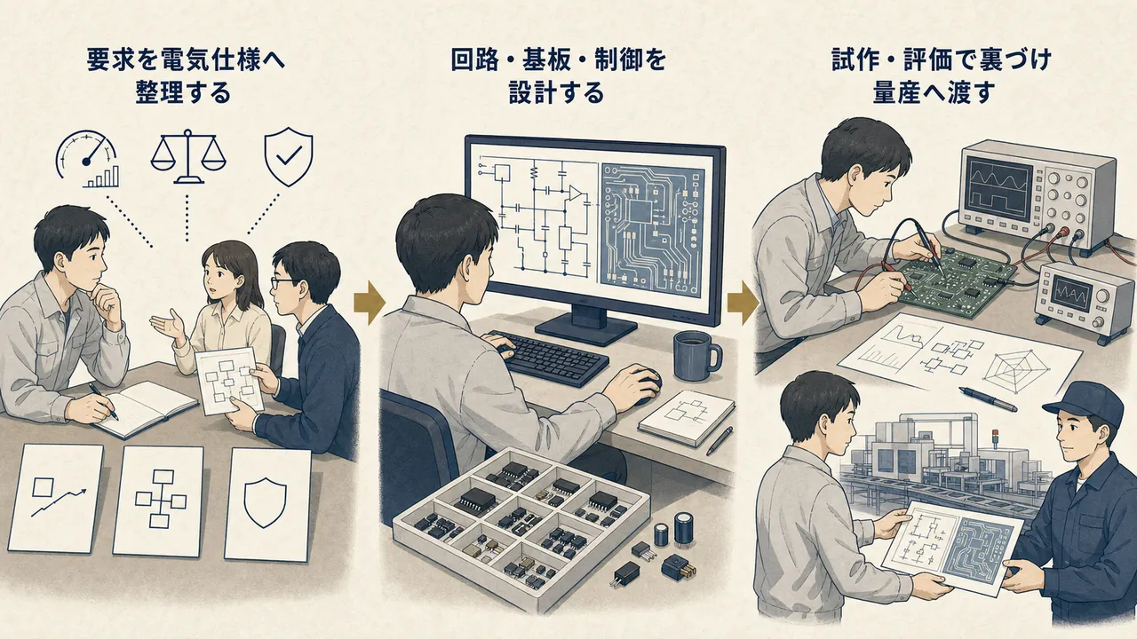 仕様の受け取りから回路設計・試作、量産移管までの流れ