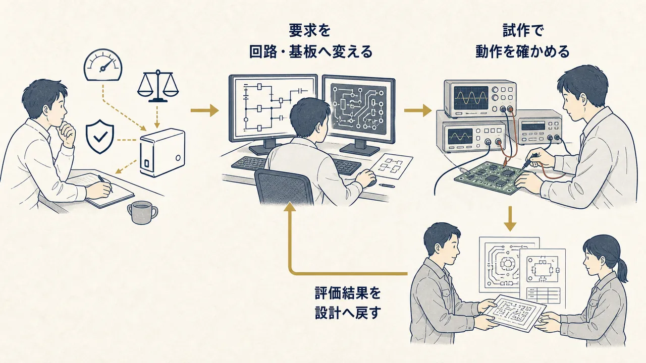 決める・描く・試す・渡すで製品が生まれる流れを表した図