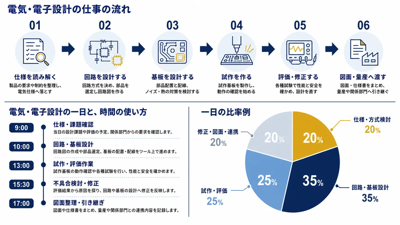 電気・電子設計が行う仕様検討、回路設計、試作評価、打ち合わせ、量産移管の流れ