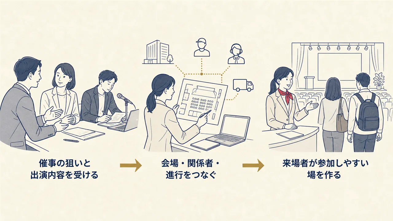 催事の狙いを受け、会場と関係者をつなぎ、来場者の体験へ形にする流れ
