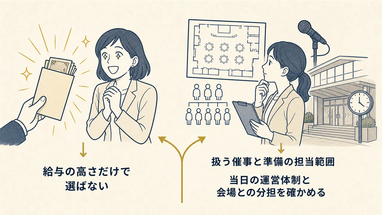 給与だけで選ぶ場合と、催事の種類、準備範囲、当日運営体制を確かめて選ぶ場合の対比