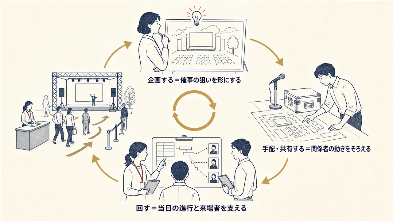 企画、手配、共有、当日運営を繰り返して催事を成立させる流れ