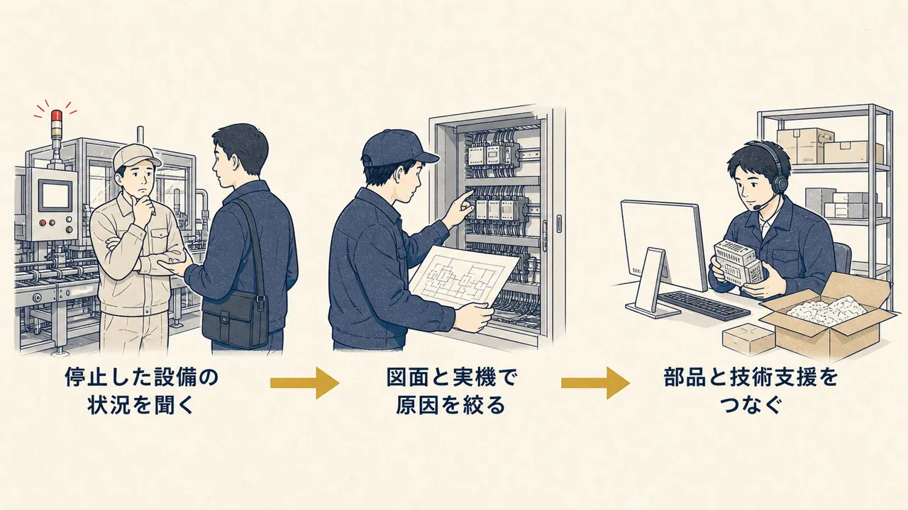 停止した設備、現地で診断する技術者、部品を支援する拠点のつながり