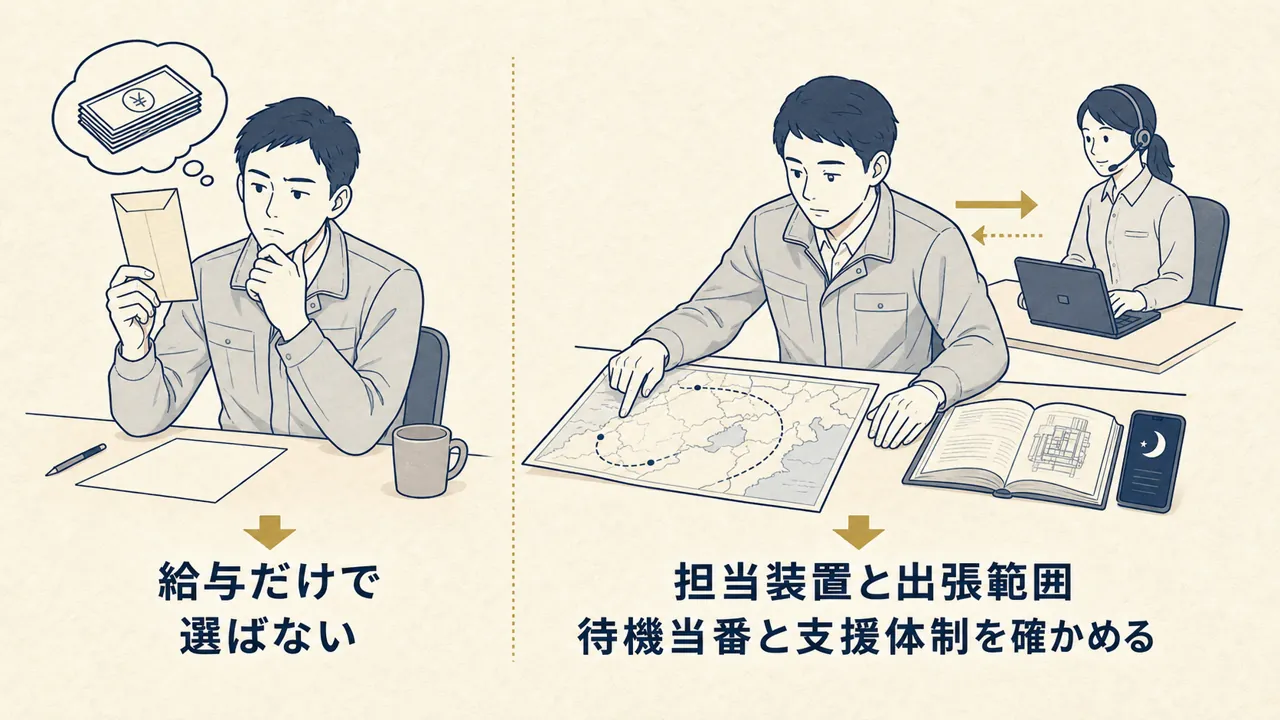 給与だけで選ぶ場合と、担当装置・出張・待機・支援体制まで確かめる場合の対比