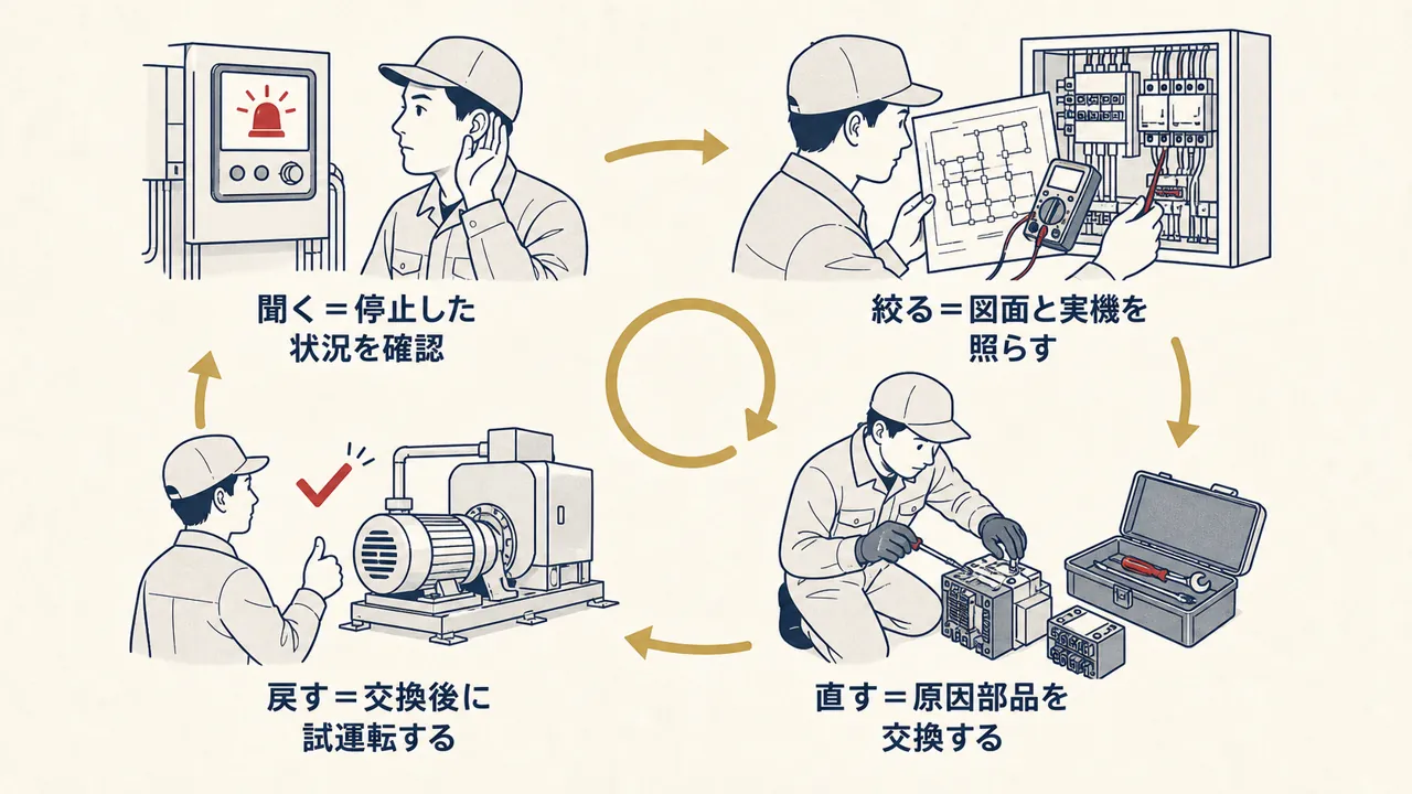 停止状況の確認、原因切り分け、修理、試運転の流れ
