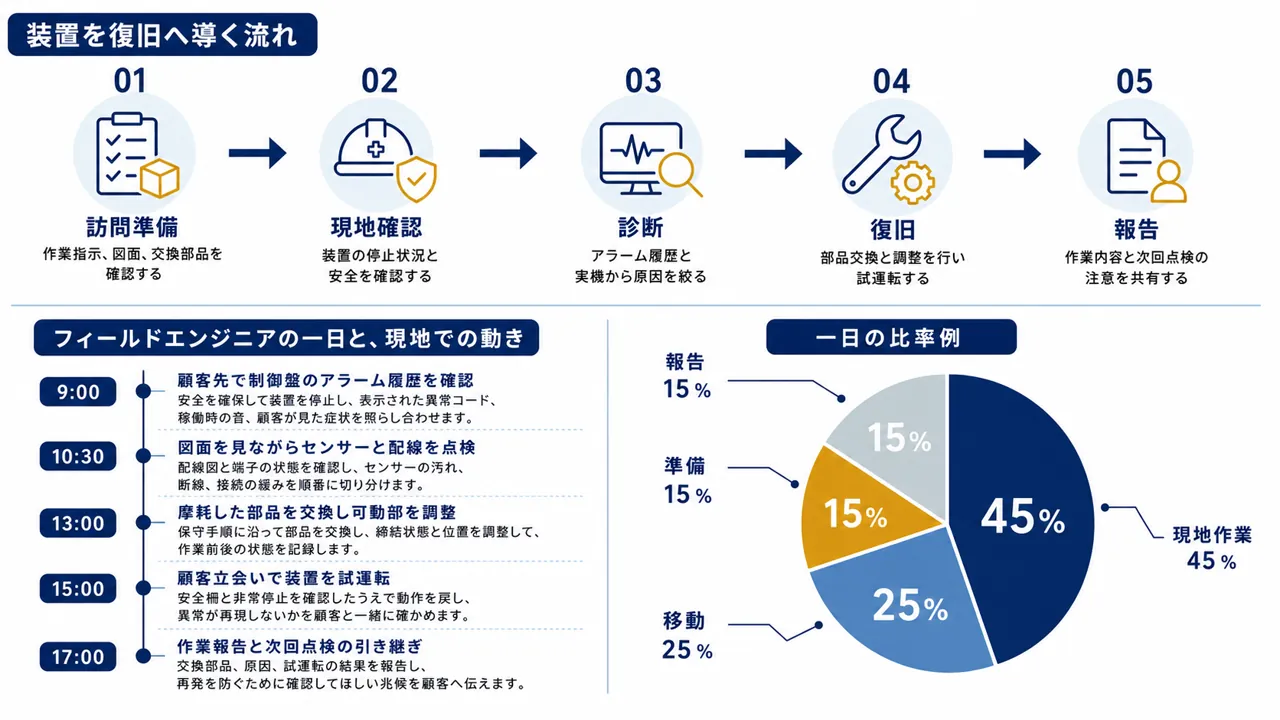フィールドエンジニアが顧客先で装置の点検、故障診断、部品交換、試運転、報告を行う流れ