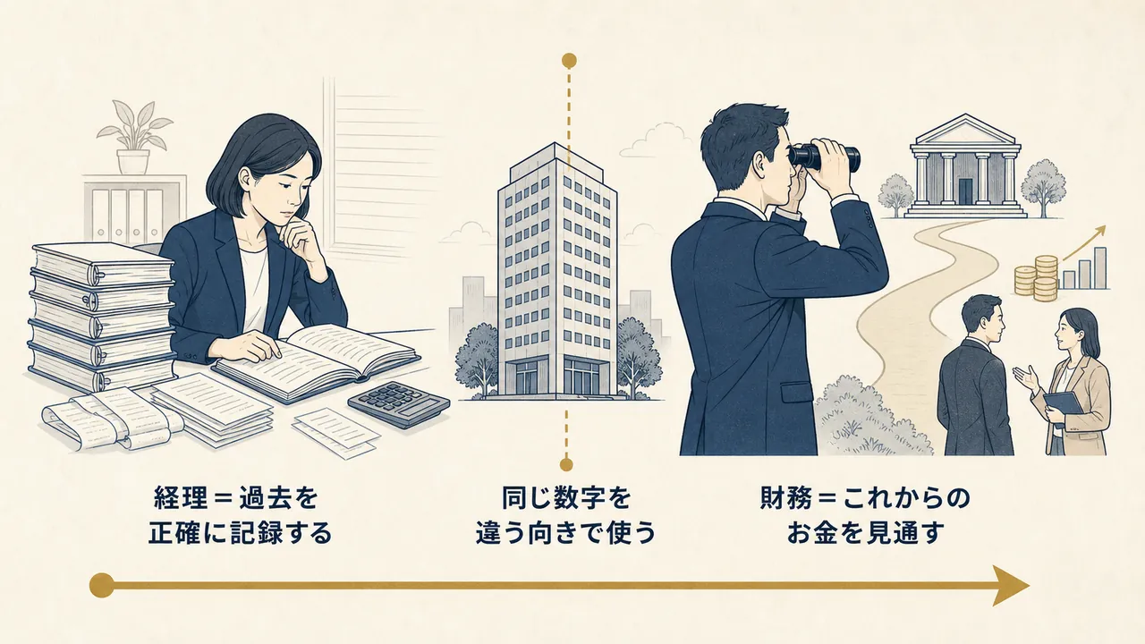 過去を記録する経理と、これからのお金を見通す財務の対比