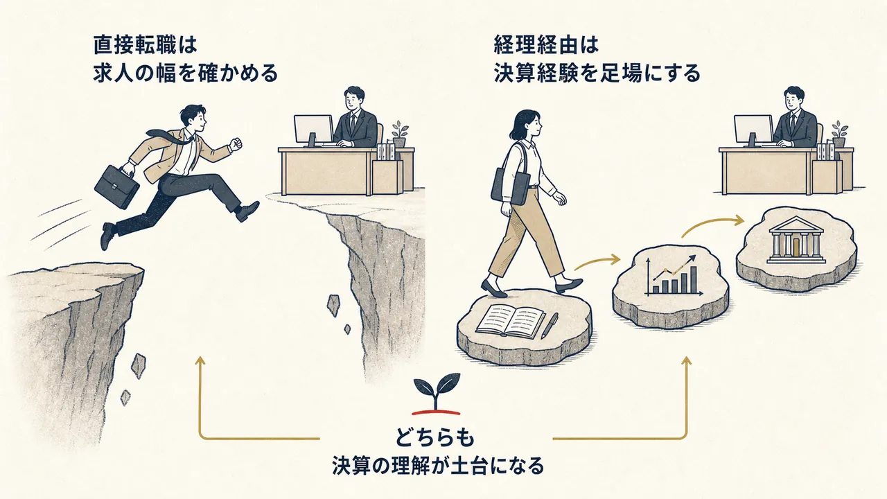 財務求人へ直接進む道と、経理経験を足場に段階的に進む道の対比