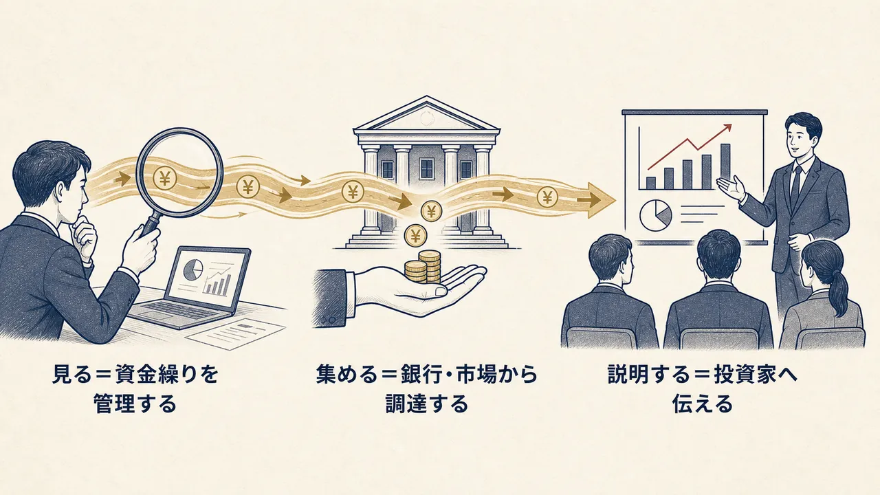 資金繰り管理・資金調達・IRの3領域でお金の流れを扱うことを表した図