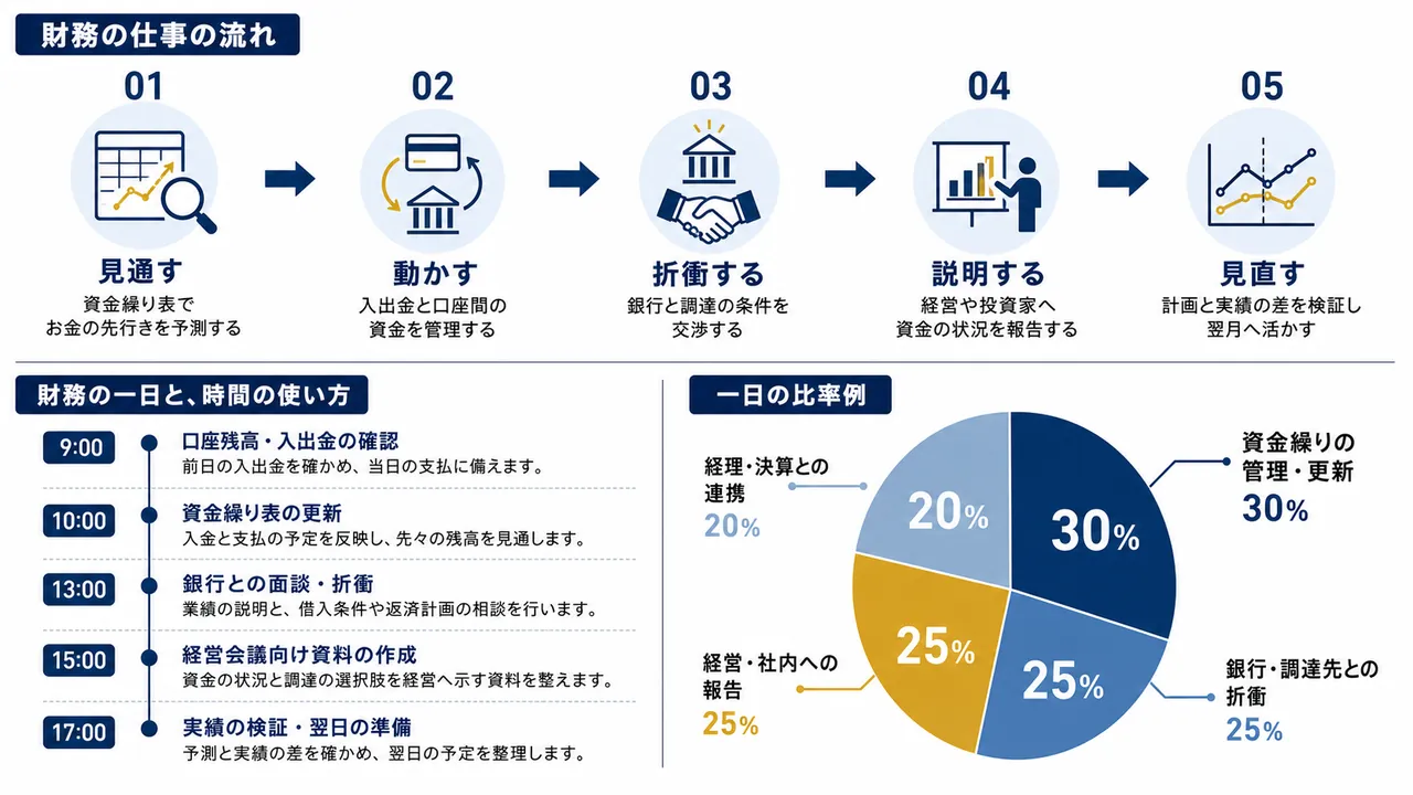 財務担当が行う残高確認、資金繰り表の更新、銀行折衝、経営への報告の流れ