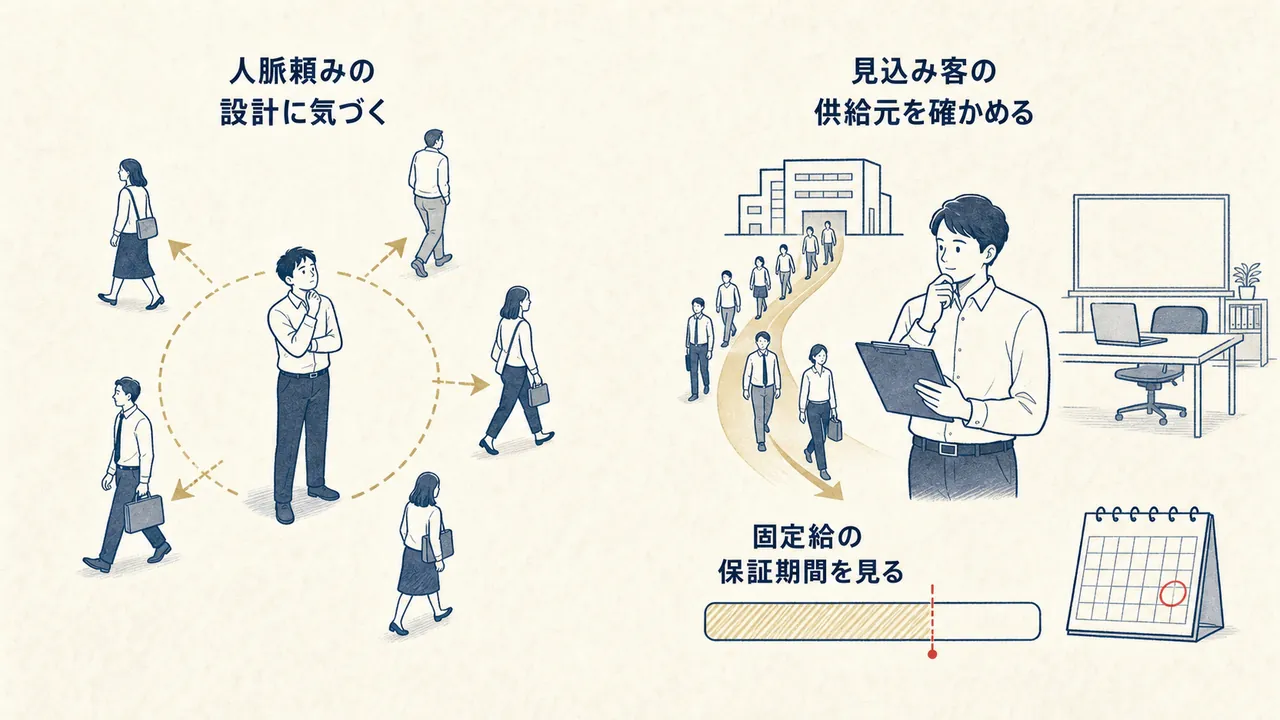 人脈頼みで始める場合と、見込み客の供給と保証期間まで確かめて選ぶ場合の対比