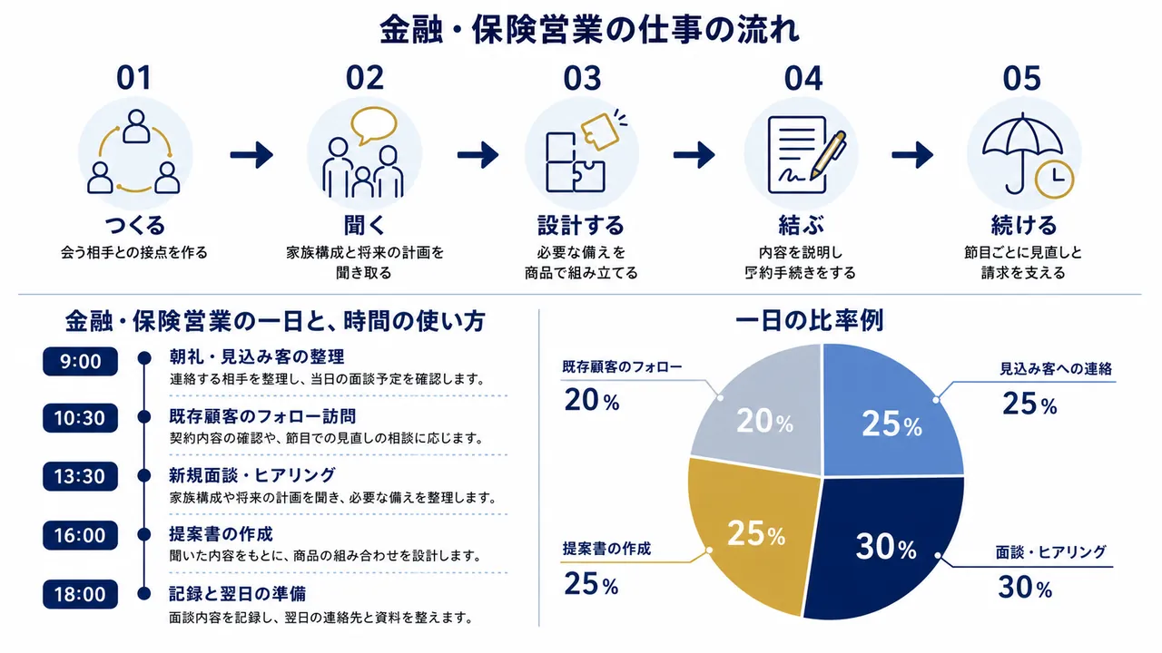 金融・保険営業が行う見込み客への連絡、面談、提案設計、契約後フォローの流れ