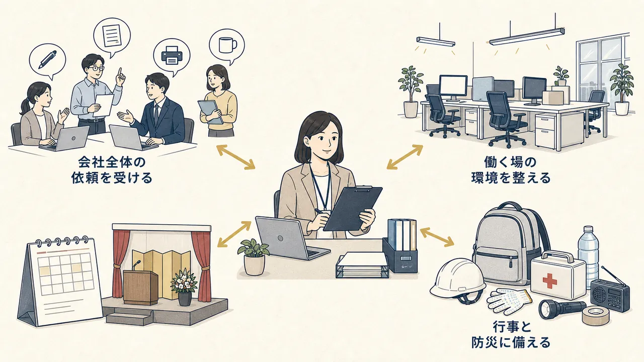 全部署からの依頼、オフィス環境、行事、防災の中心に総務が立つ図