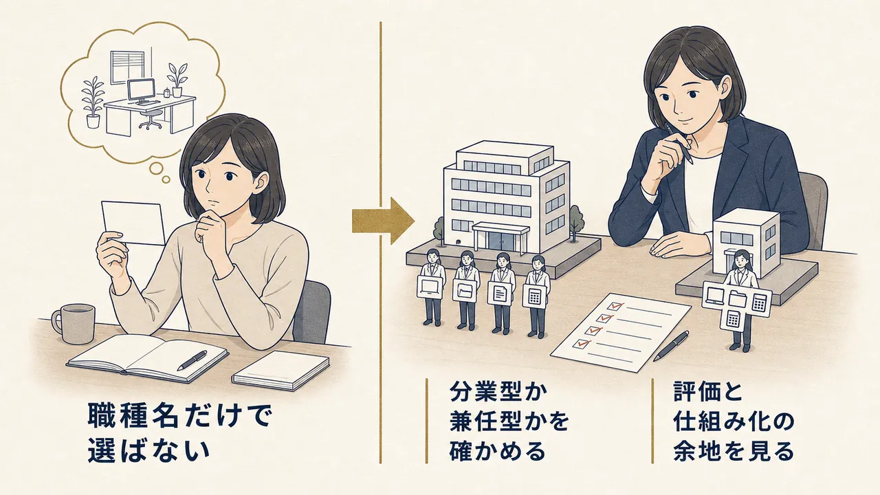職種名だけで選ぶ場合と、分業型か兼任型かまで確かめて選ぶ場合の対比