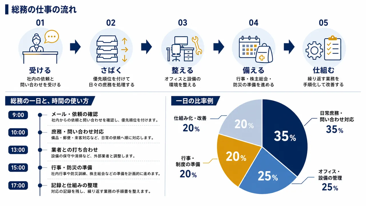 総務が行う依頼対応、庶務、業者との調整、行事準備の流れ