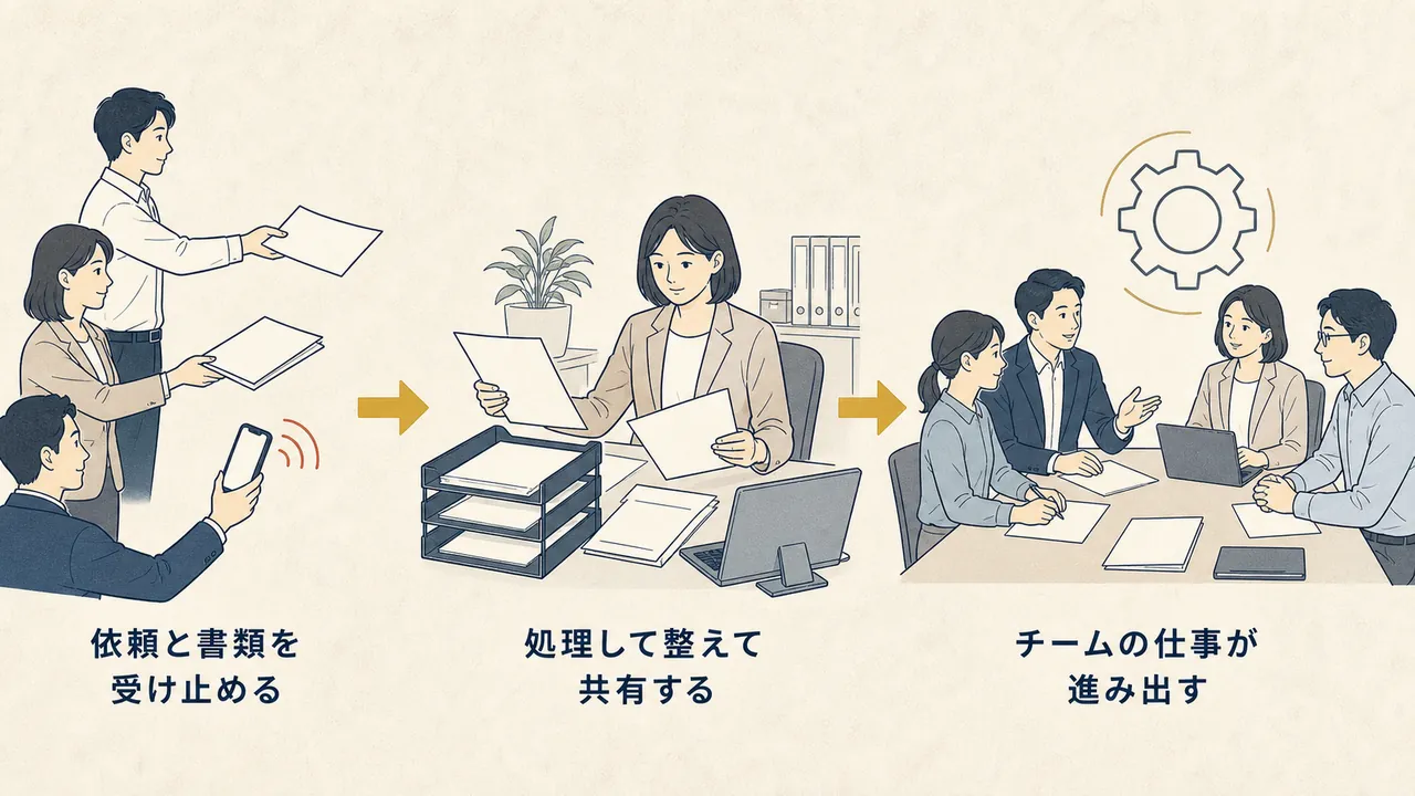 依頼を受けて処理し、チームの仕事が進む状態を支える流れ