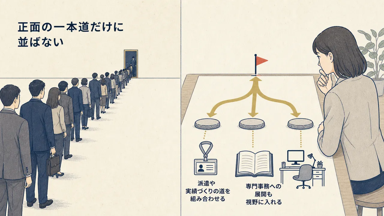 狭き門に並ぶだけの場合と、段階を踏む道を組み合わせる場合の対比