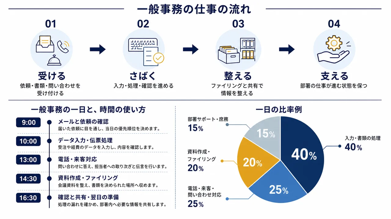 一般事務が行う依頼の確認、データ入力、電話・来客対応、資料作成、共有の流れ