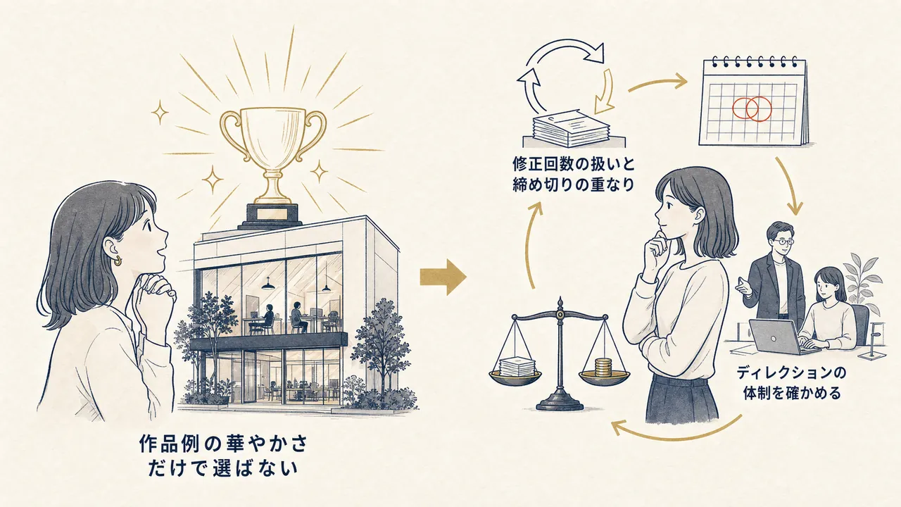 華やかさだけで選ぶ場合と、修正条件・締め切り・体制まで確かめて選ぶ場合の対比
