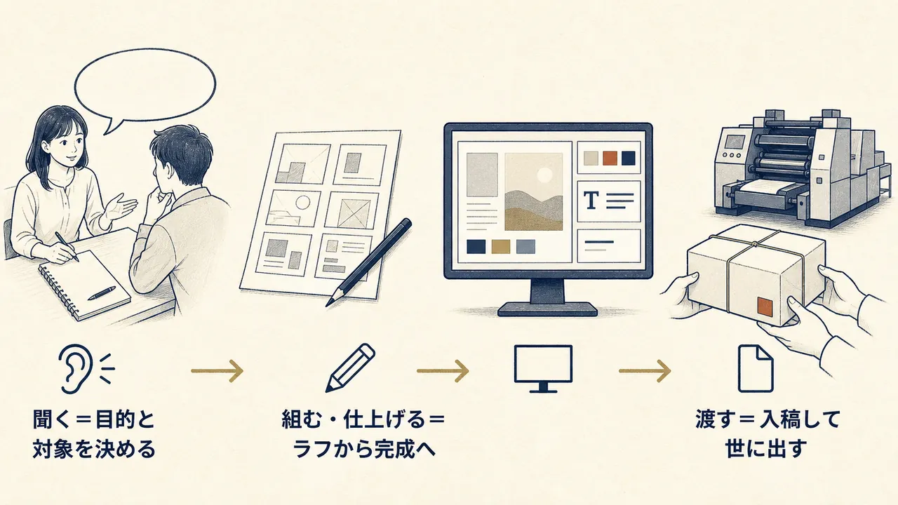 聞く、組む、仕上げる、渡すの4段階で制作の流れを表した図