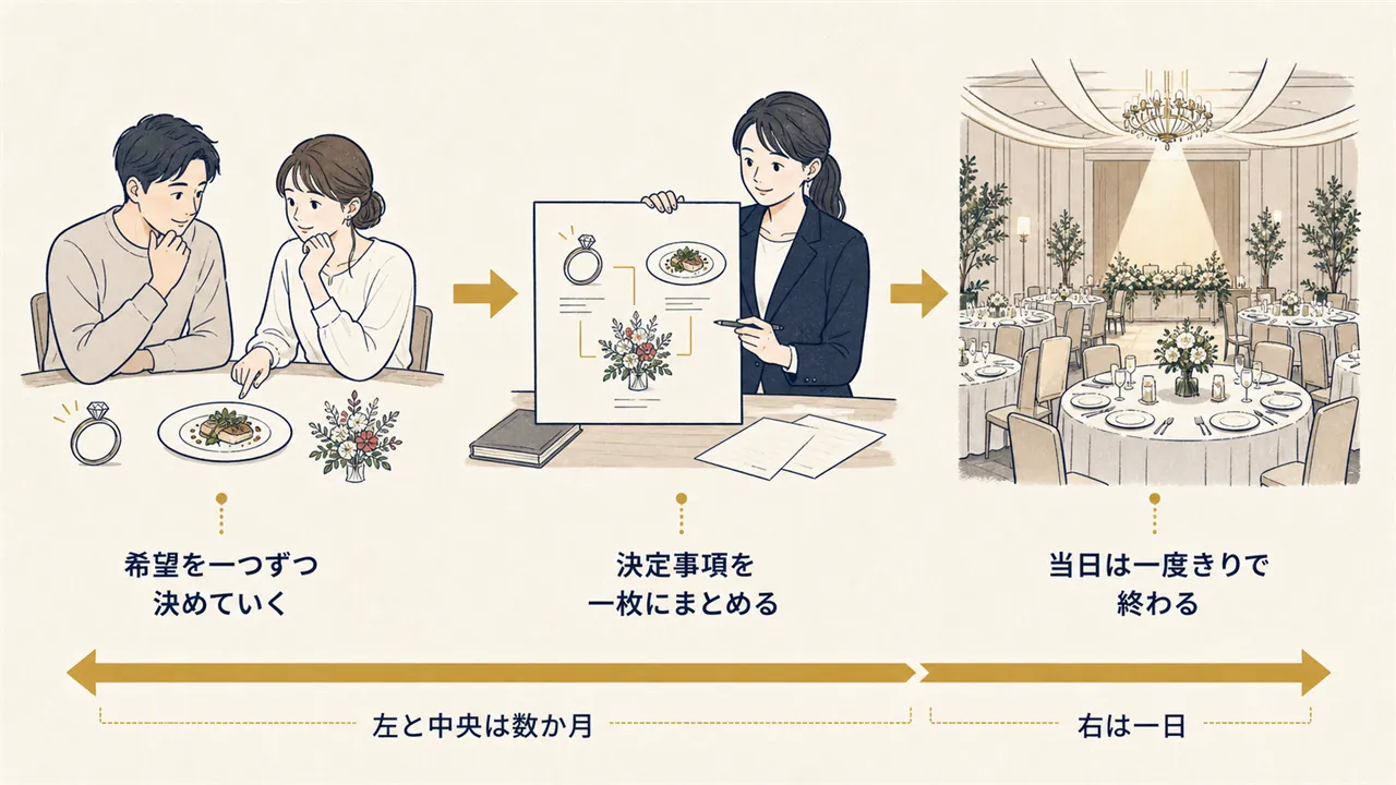 数か月の打ち合わせから決定事項の集約、当日の実施までの流れ