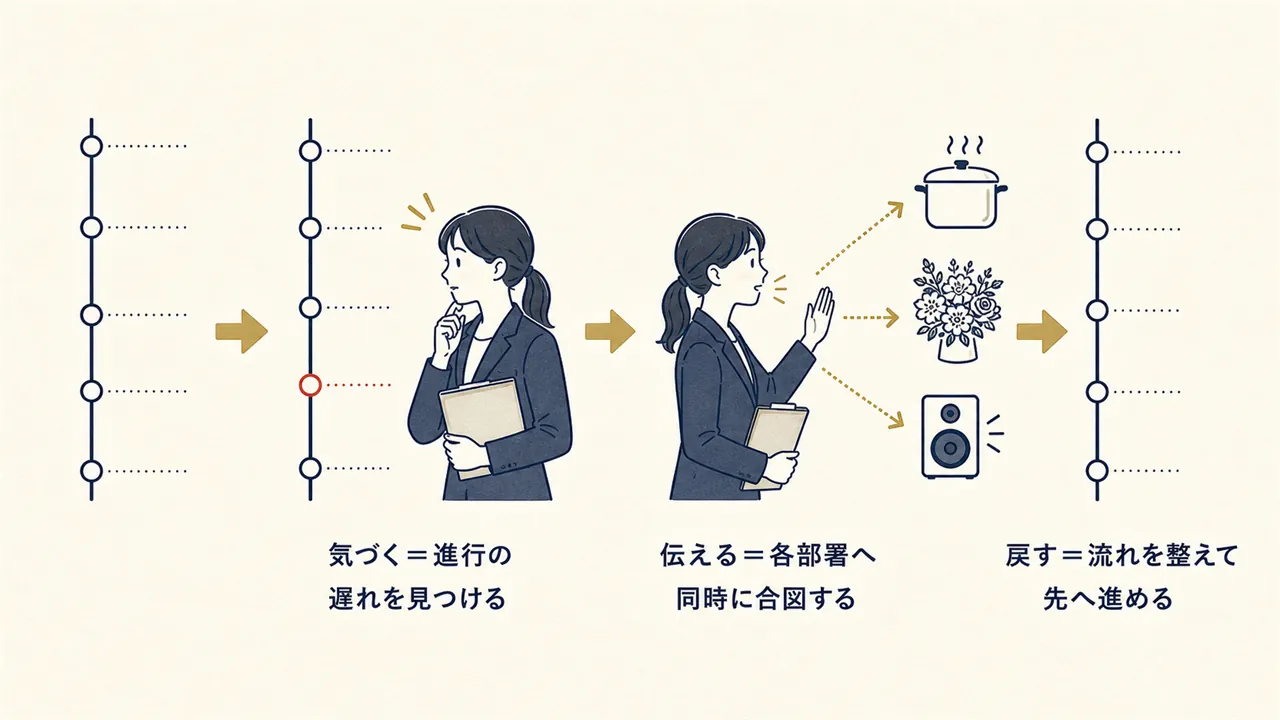 進行の遅れの発見から各部署への伝達、流れの回復までを表した図