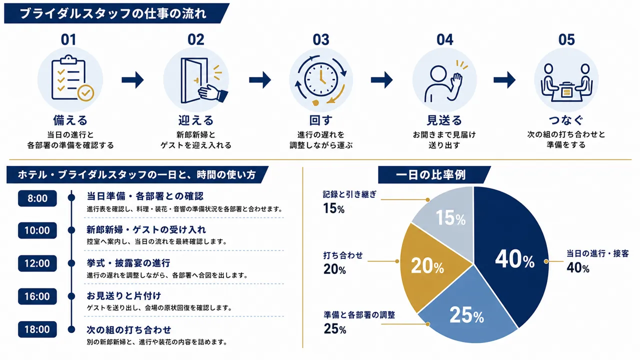 ブライダルスタッフが行う当日準備、進行管理、打ち合わせ、記録と引き継ぎの流れ