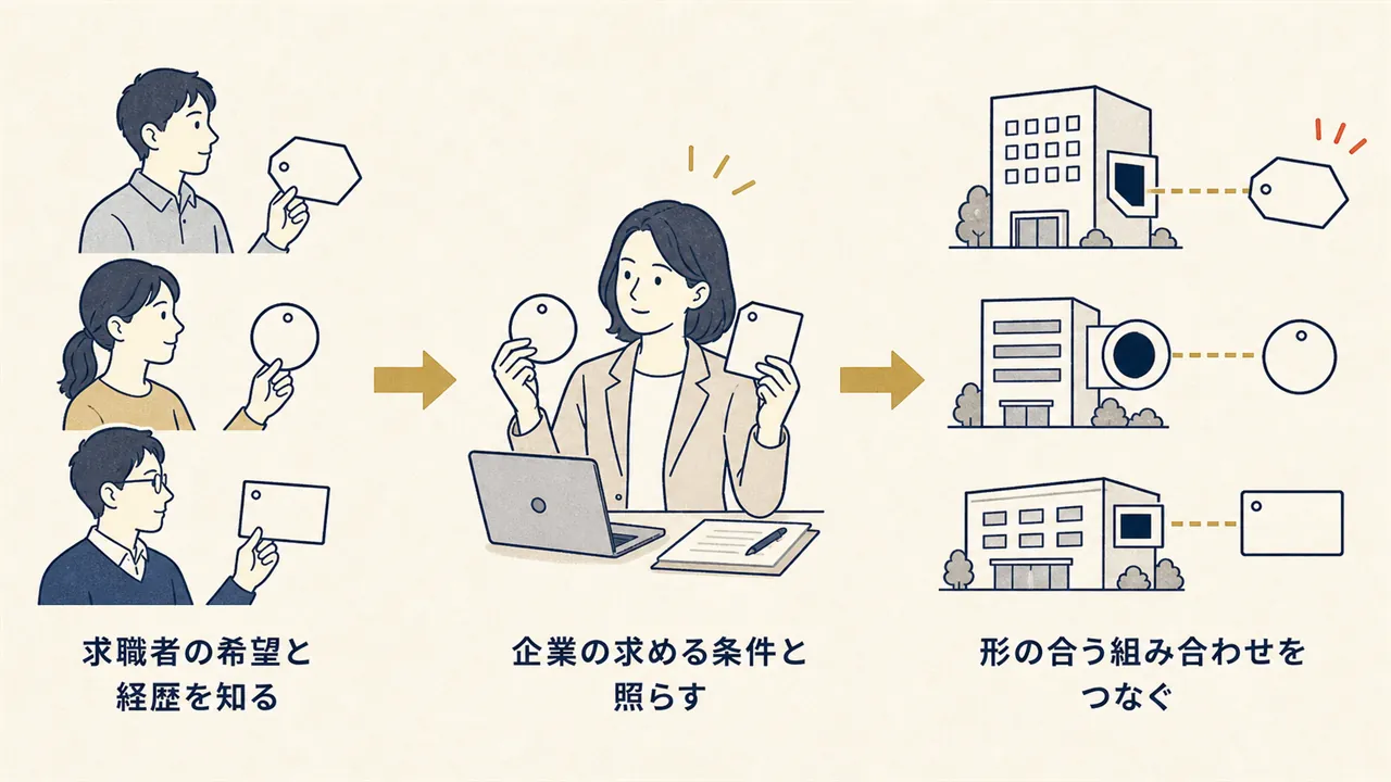 求職者の希望の把握から企業条件との照合、成立までの流れ