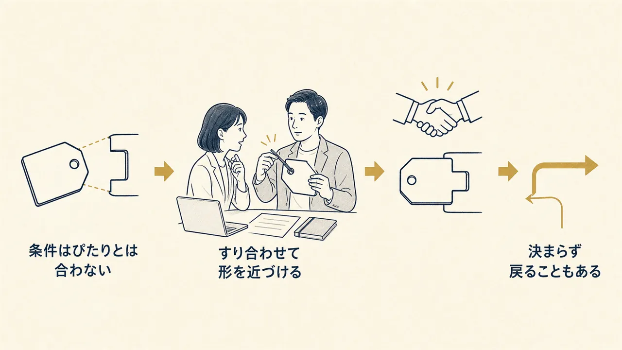 条件のずれの調整から成立、あるいは不成立に戻る流れを表した図