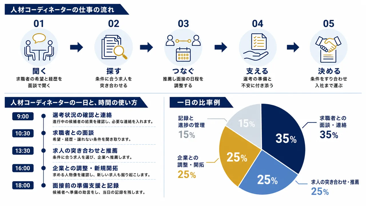 人材コーディネーターが行う求職者面談、求人の確認、企業との調整、選考の追跡の流れ