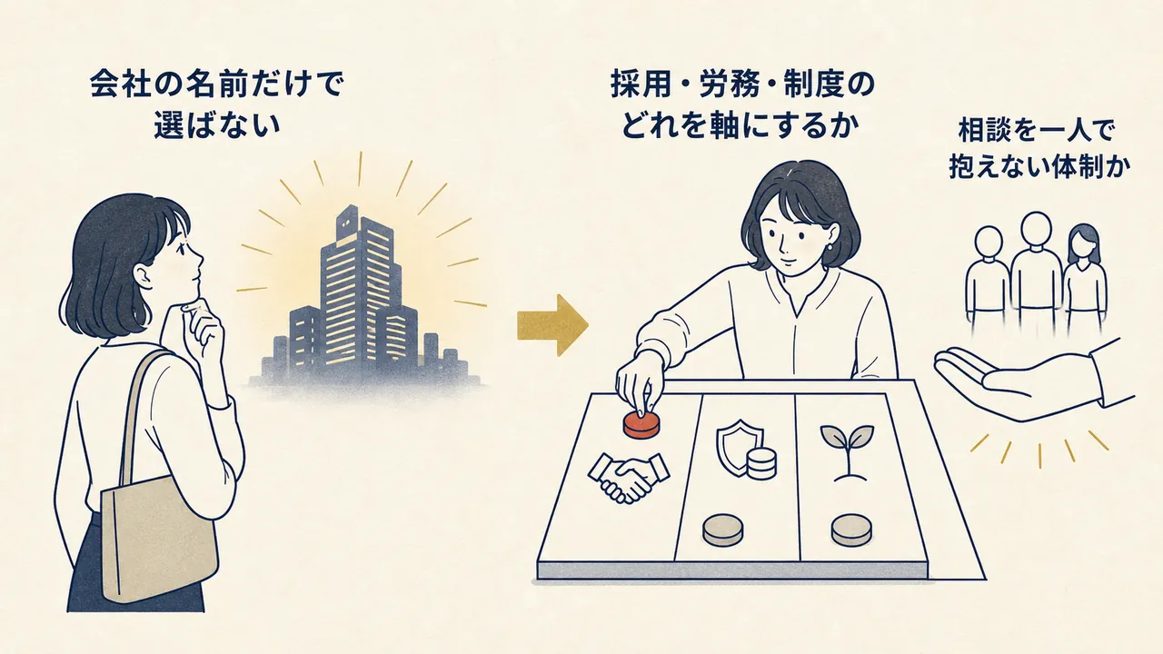 会社の知名度だけで選ぶ場合と、担当領域と体制まで確かめて選ぶ場合の対比