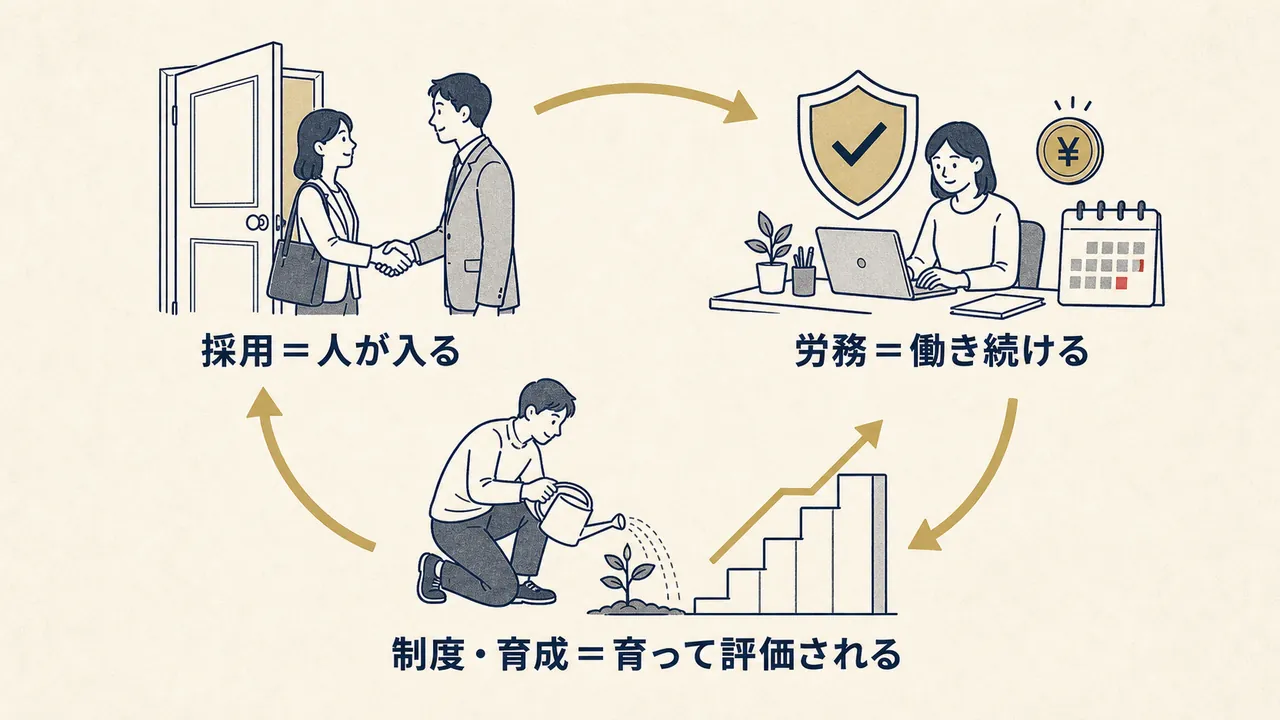採用・労務・制度と育成の循環で社員の会社生活を支えることを表した図