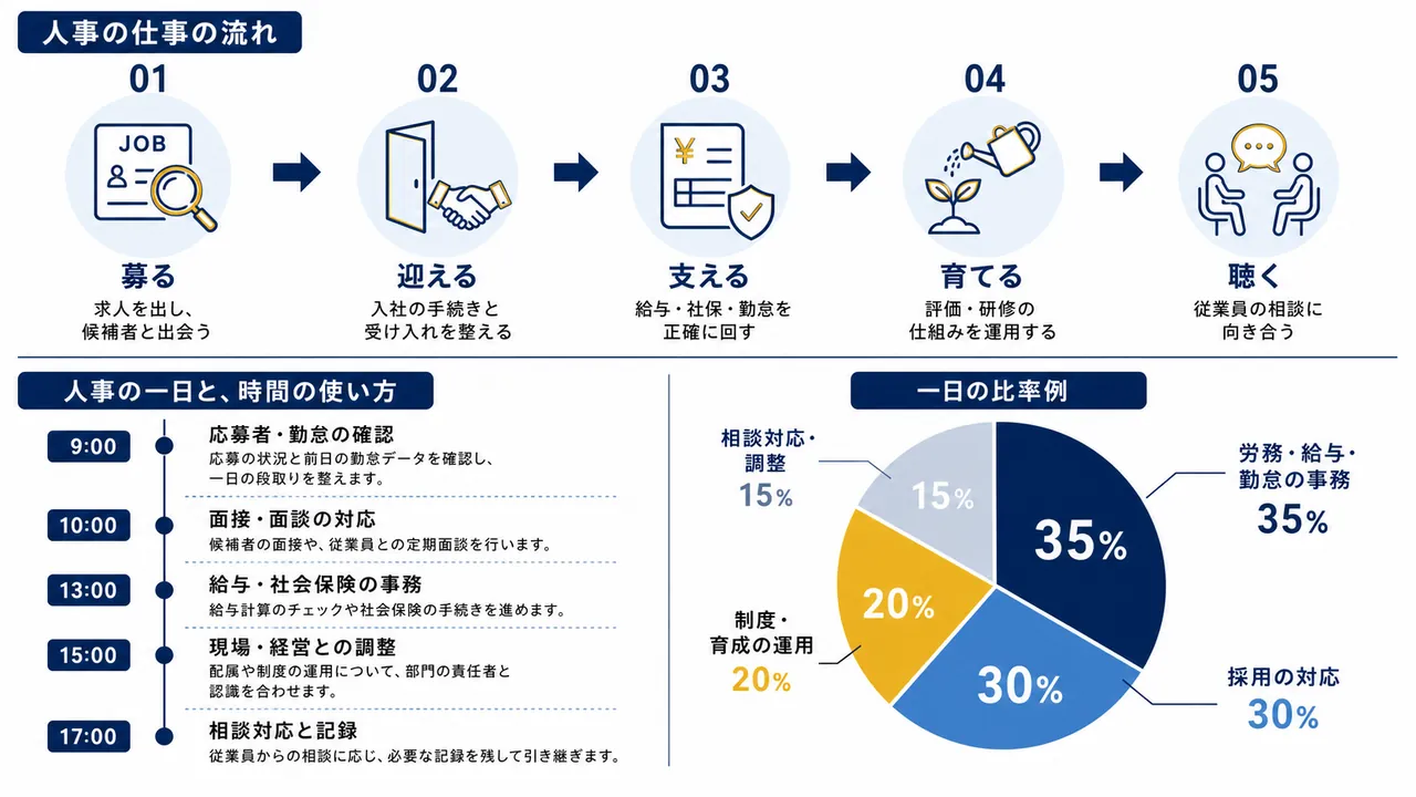 人事が行う応募確認、面接、給与事務、現場との調整、相談対応の流れ