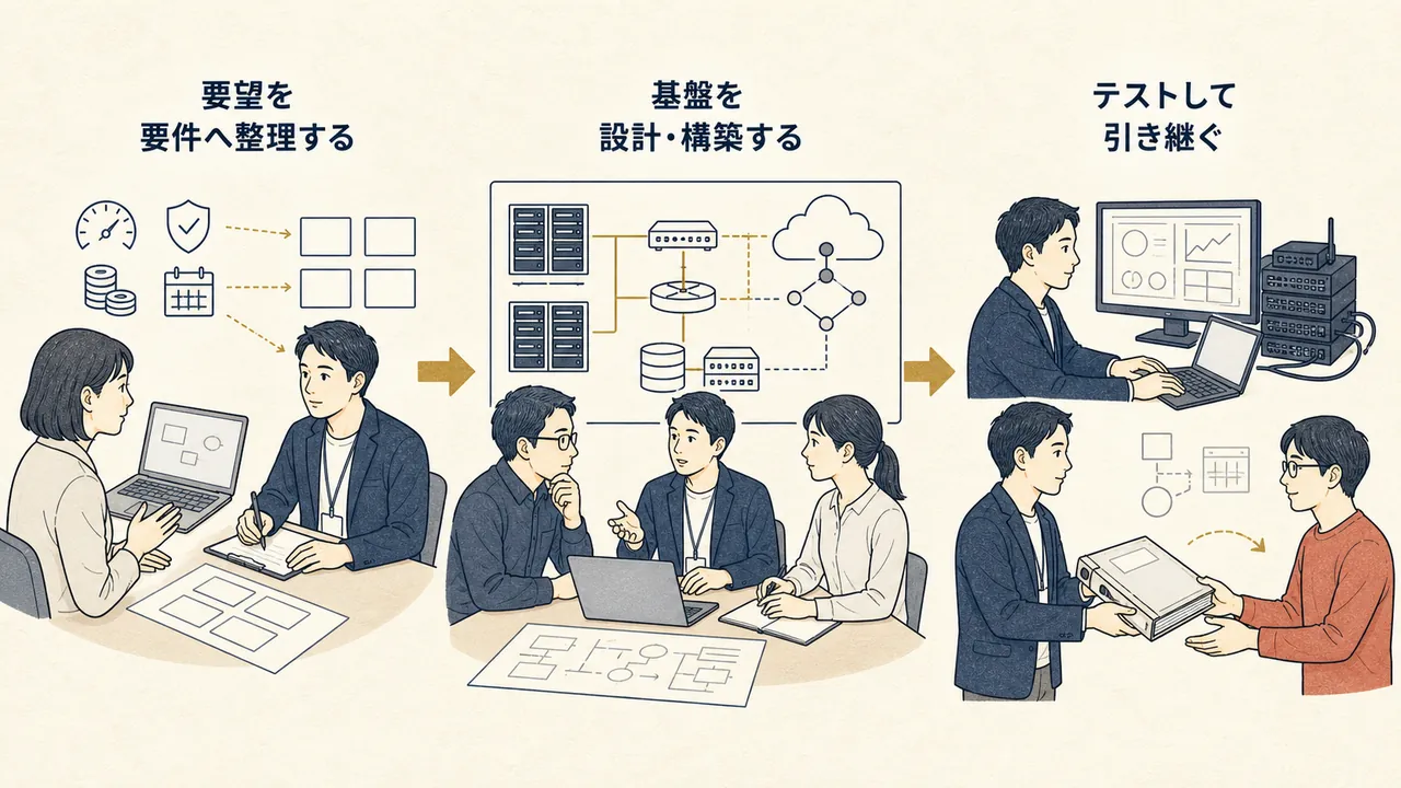 顧客要望を要件へ整理し、IT基盤を設計・構築してテストし、開発担当へ引き継ぐ関係図