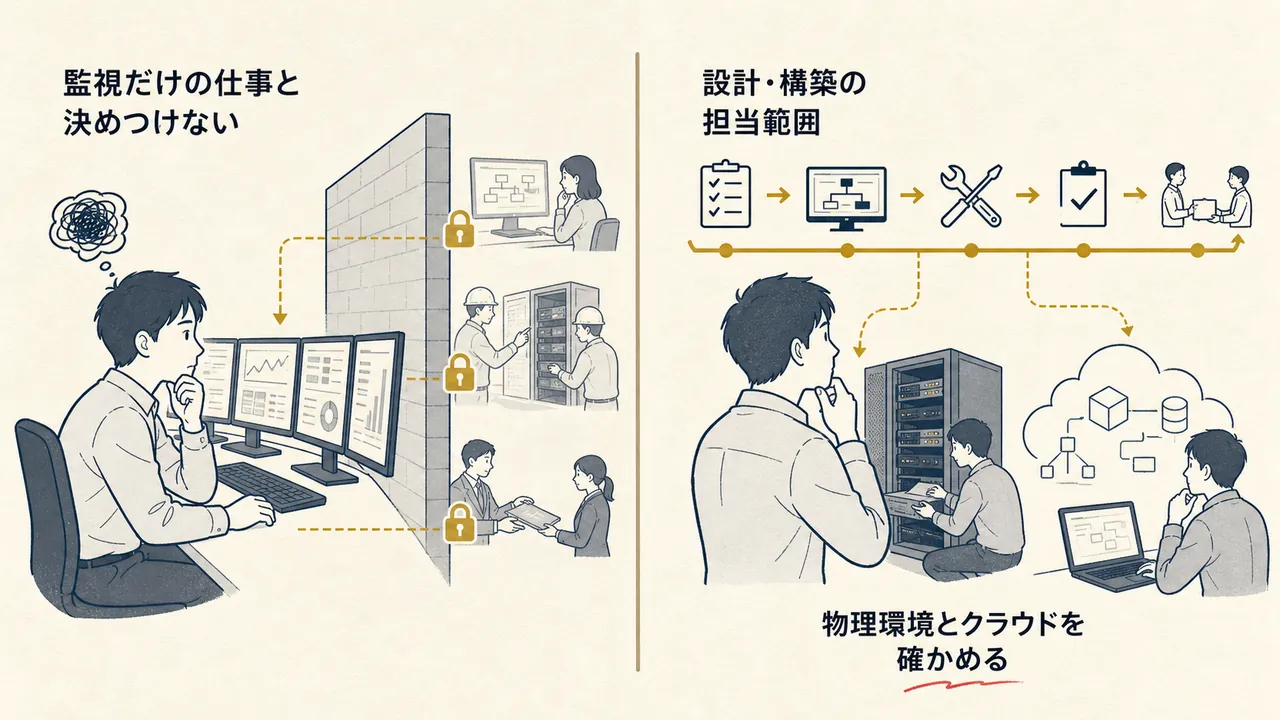 監視だけの仕事と決めつける場合と、設計・構築の担当範囲、物理環境とクラウドを確かめる場合の対比